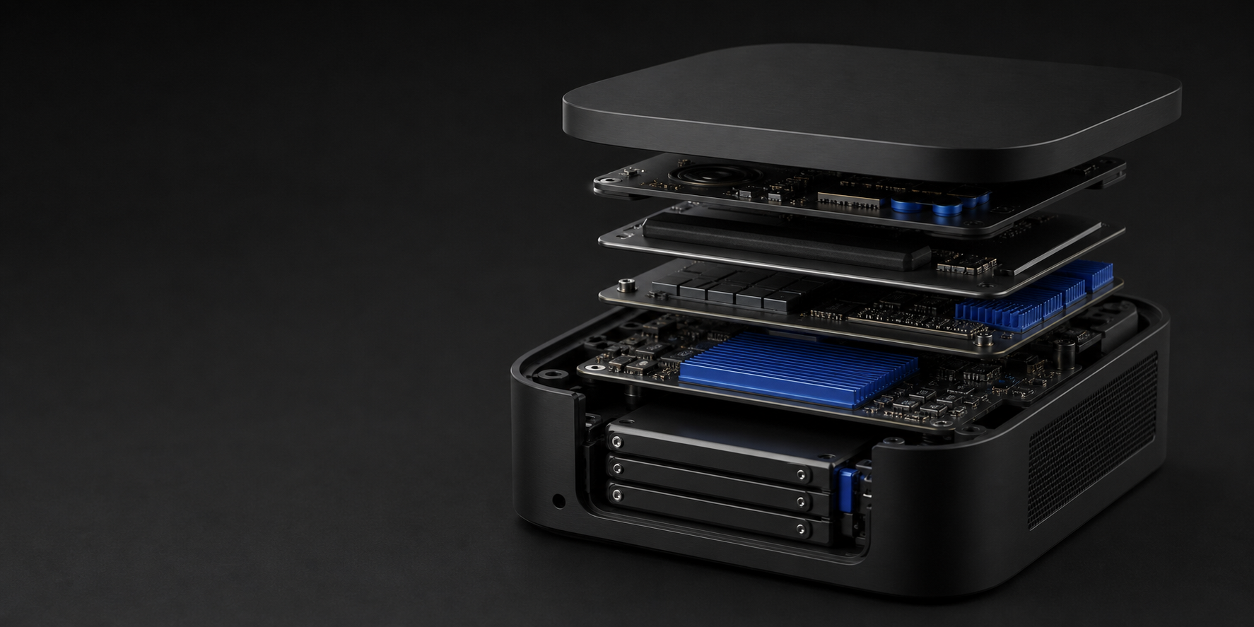 An exploded compact computer showing local processing and storage layers