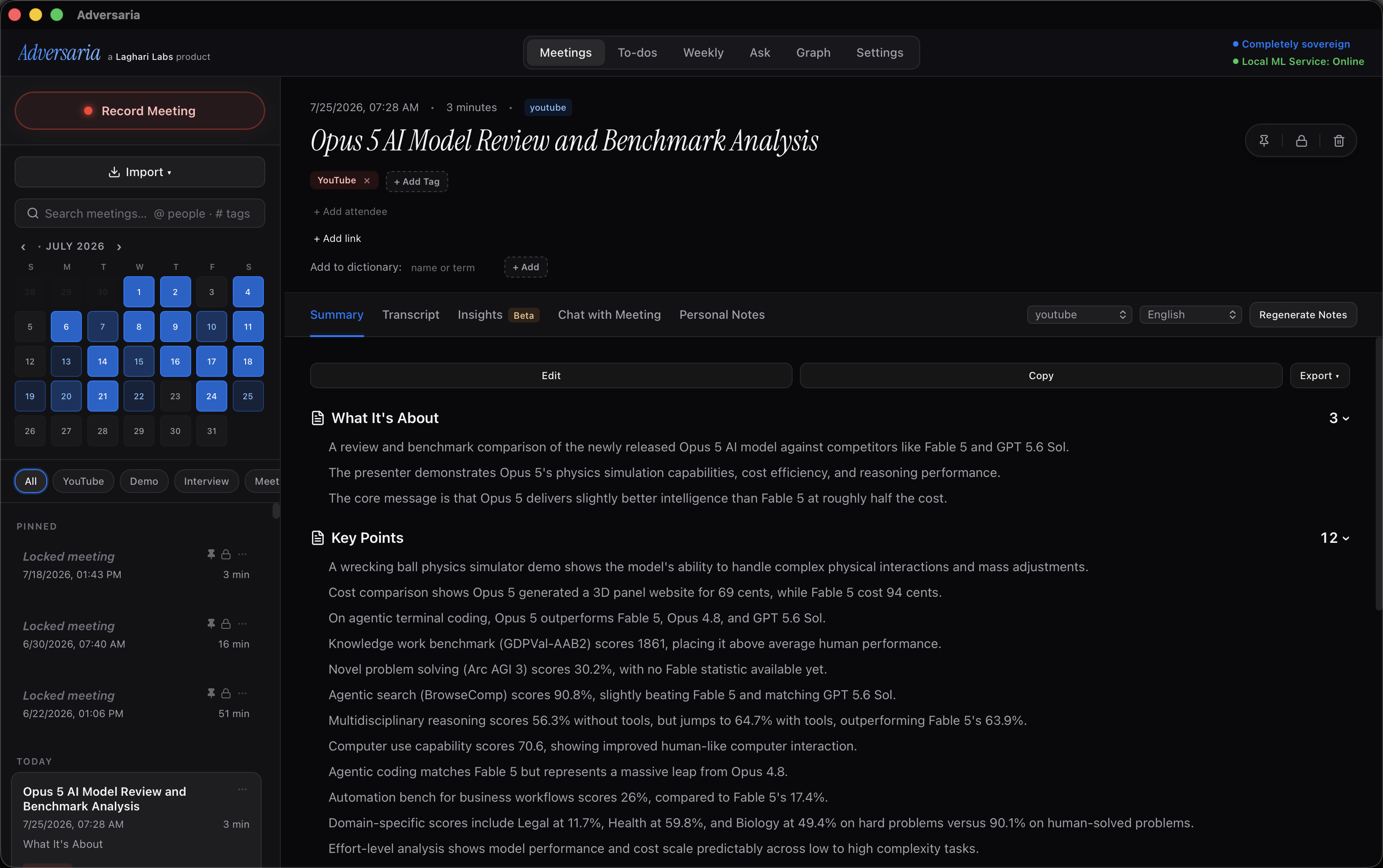 A real Adversaria note organized into summary, transcript, insights, and personal notes
