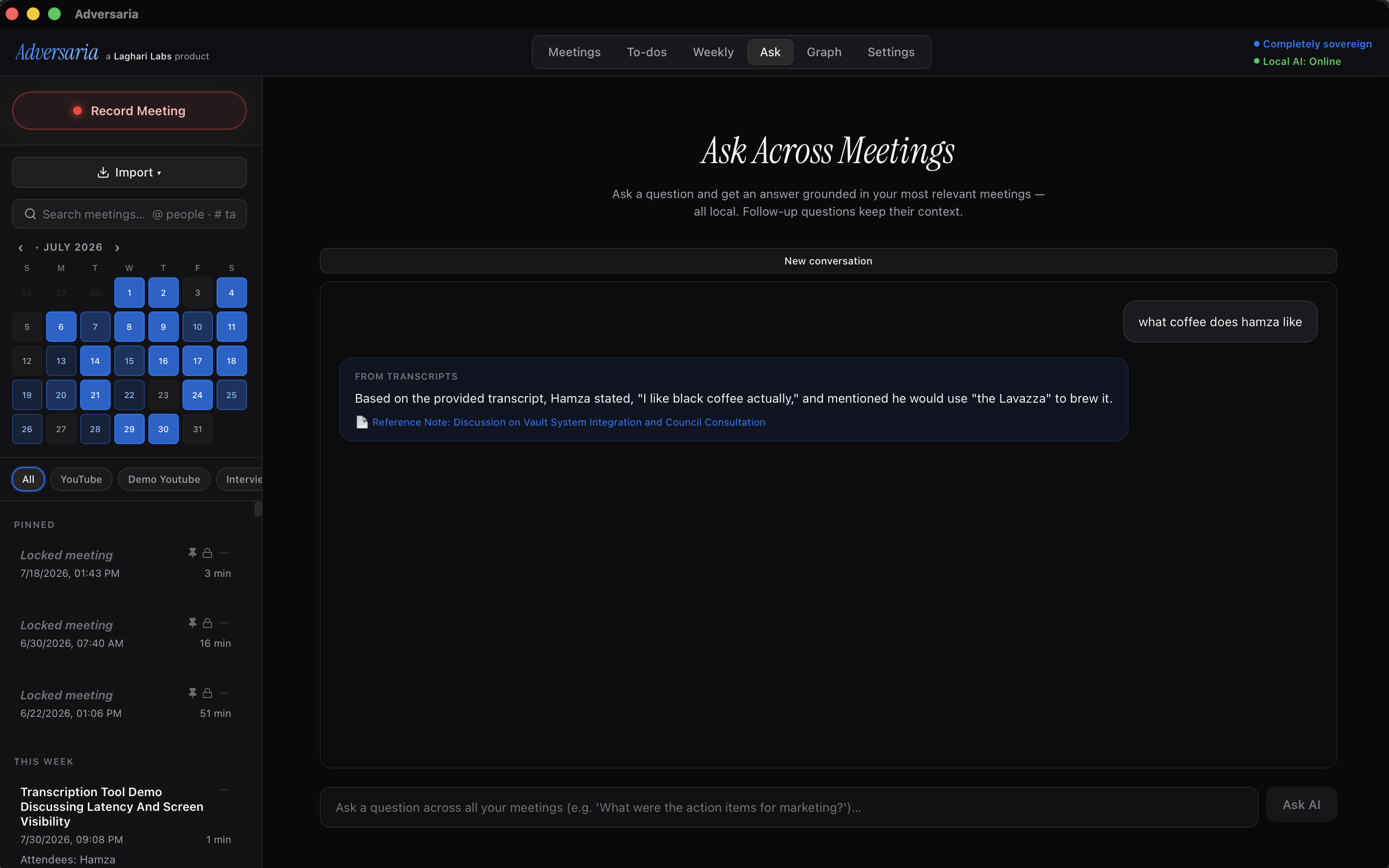 The real Ask Across Meetings view answering a question from local transcripts with a source reference