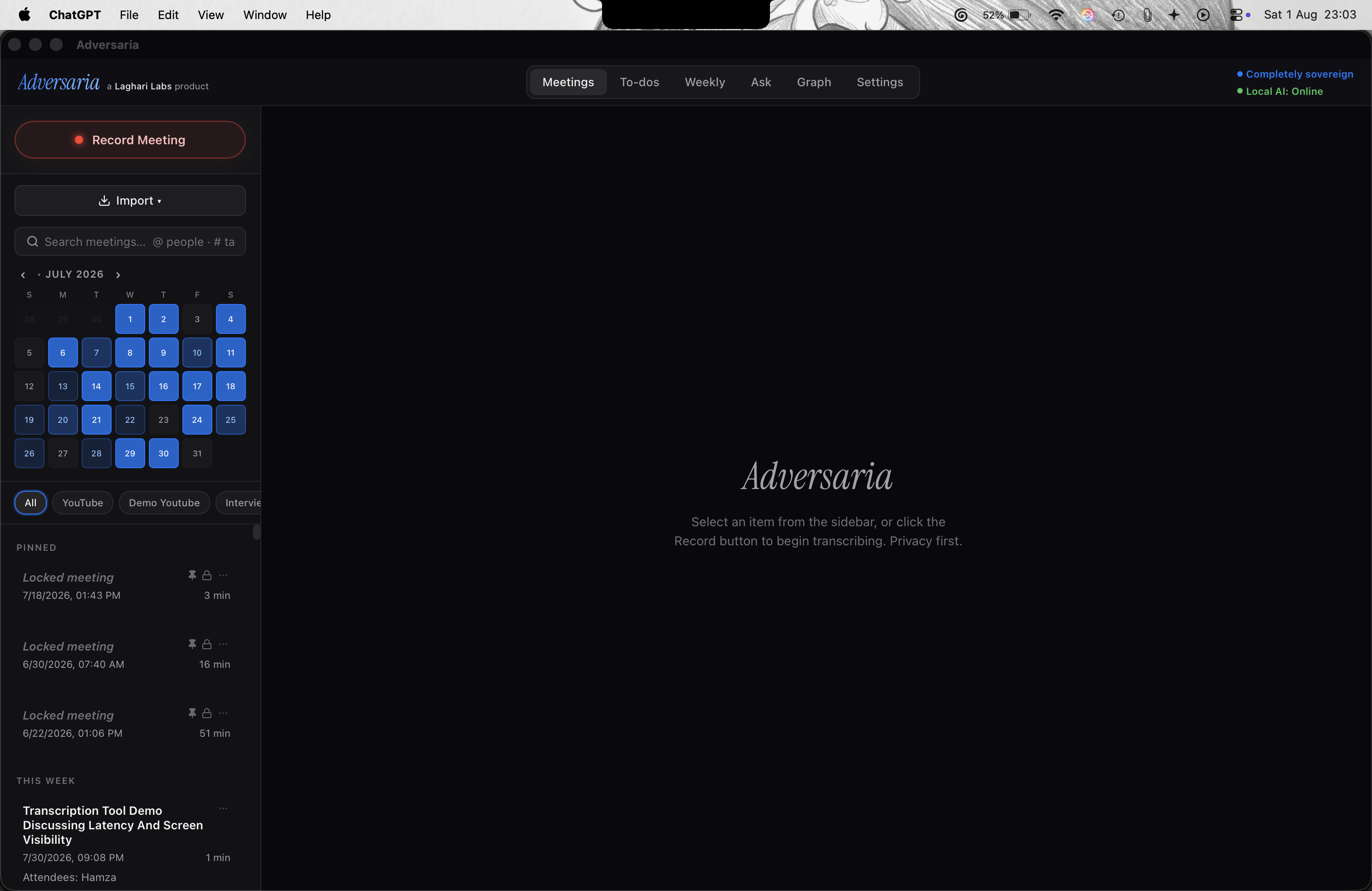 The real Adversaria meetings library with its calendar, local AI status, search, and recording controls