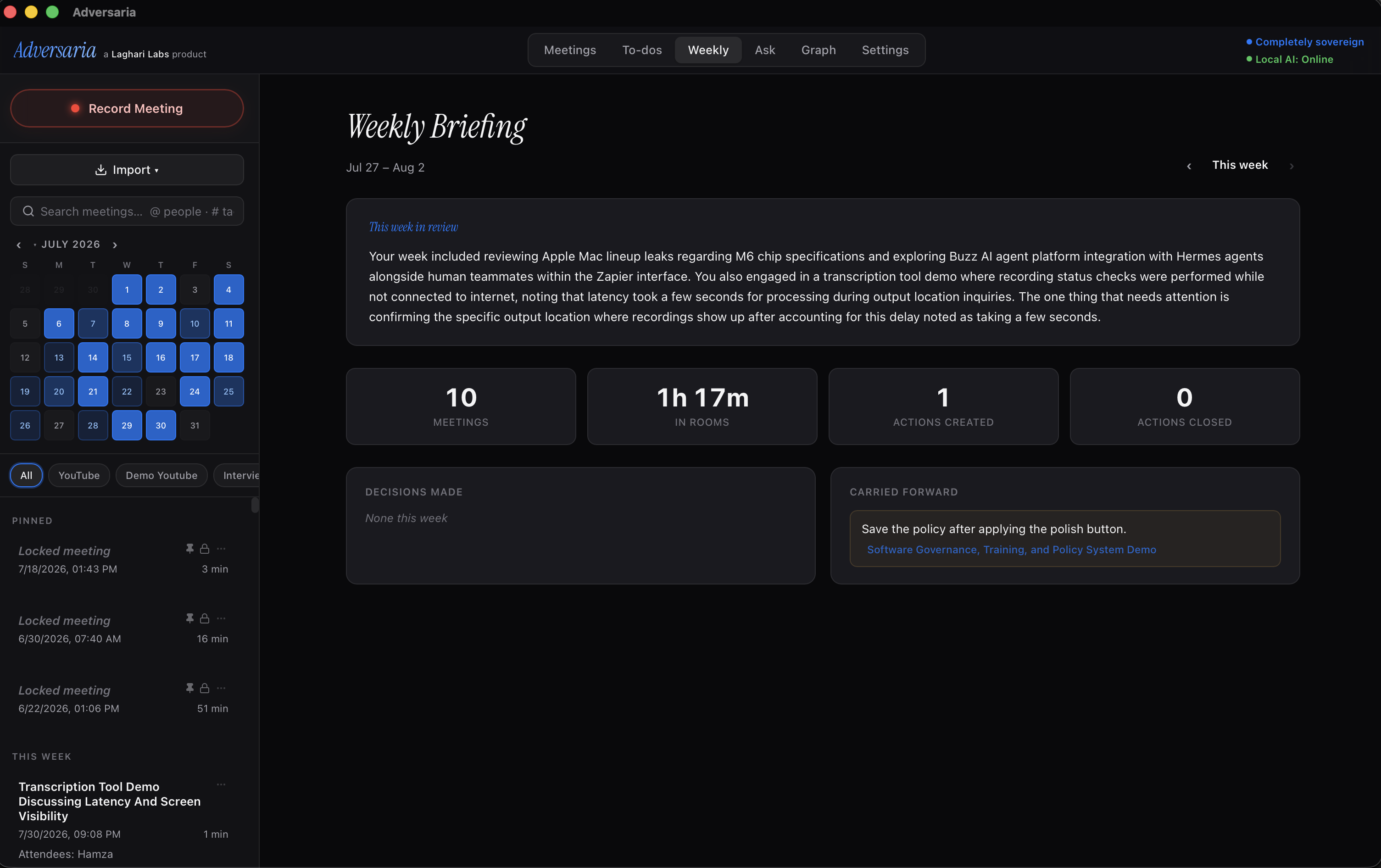 The real Adversaria Weekly Briefing with meeting totals, decisions, and carried-forward work